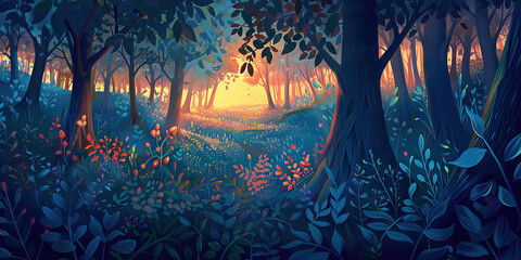 Fototapeta premium Digital Illustration of a Forest Path at Sunset