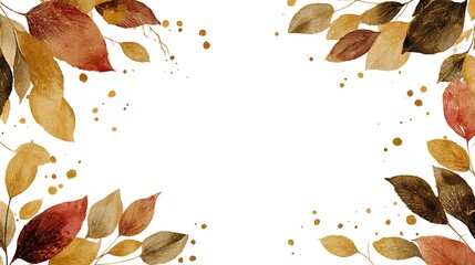 Autumnal watercolor leaf border with gold accents, perfect for invitations, cards, or social media