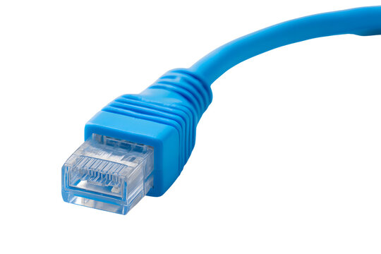 A close up of a blue ethernet cable on transparent background