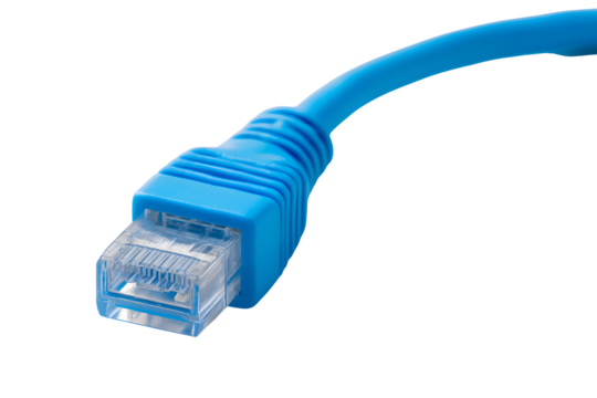 A close up of a blue ethernet cable on transparent background