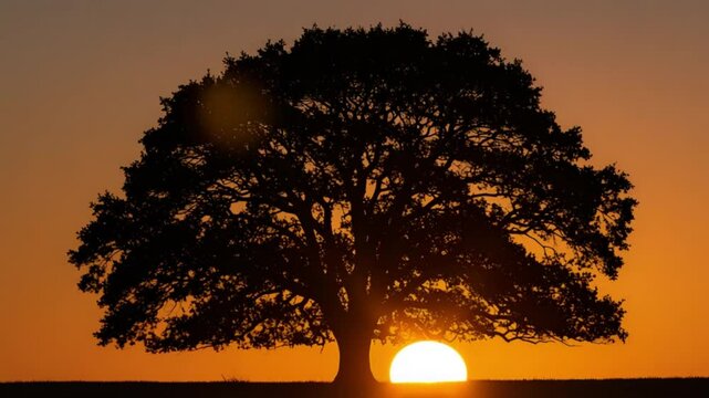 Sunset Silhouette of Large Oak Tree in Field