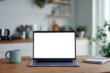 Laptop with blank screen placed on a wooden table in a kitchen, next to a coffee mug and a notepad, ideal for showcasing website designs or presentations