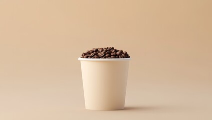 A beige disposable coffee cup filled with coffee beans against a pale beige background