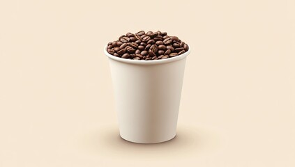 A white disposable coffee cup filled with roasted coffee beans