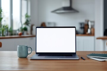 Modern home office setup with laptop showing blank screen, coffee mug and notebook on wooden table, blurred kitchen in background