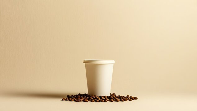 Single white disposable coffee cup surrounded by coffee beans on a beige backdrop - Powered by Adobe