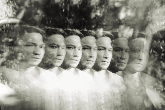 Repeated black and white portrait with layered effect