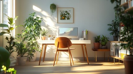 Indoor home office setup with desk plants and natural light for productivity and well being at work