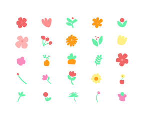 A collection of cute, colorful, hand-drawn flowers and leaves in a flat style. Perfect for spring designs, invitations, greeting cards, and decorative patterns.
