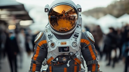 Naklejka premium Astronaut Figure in Futuristic Suit Amidst Busy Outdoor Setting