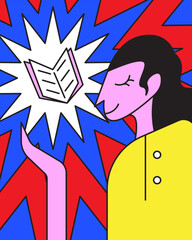 Wayang Style Vector Illustration Of A Female Character Reading A Book