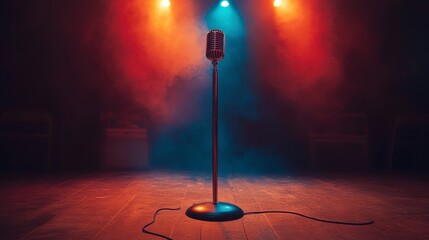 Vintage Microphone on Stand in Colorful Foggy Atmosphere