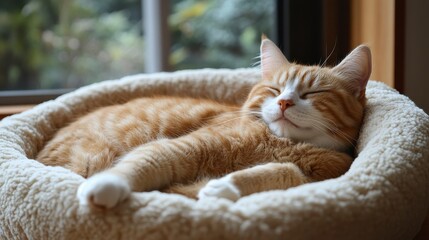 Sleepy Ginger Cat Relaxing Comfortably in Cozy Cat Bed