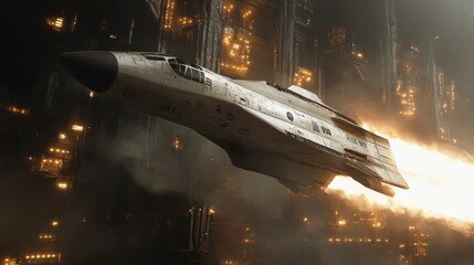 Futuristic Spacecraft in Flight Over Sci-Fi Cityscape at Night