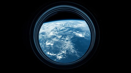 Earth View from Space Through Round Window in Dark Background