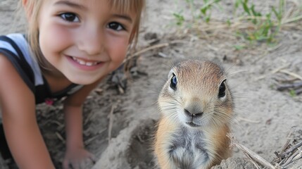 Child Smiling with a Prairie Dog in Natural Outdoor Setting