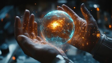 Hands Holding a Glowing Sphere of Energy and Cosmic Particles
