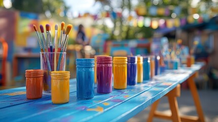 Colorful Paints and Brushes on Vibrant Outdoor Table Setting