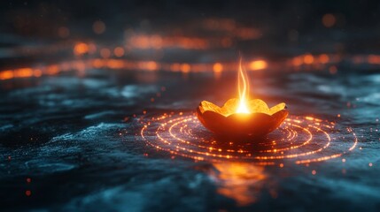 Ethereal Candle Flame in Lotus Bowl with Radiant Light Effects