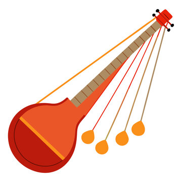 A stylized, orange and red stringed musical instrument, possibly a Tumbi or a similar folk instrument, with resonators.