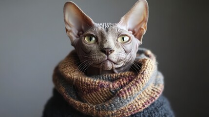 Adorable Sphynx Cat in Cozy Sweater and Scarf Posing for Camera