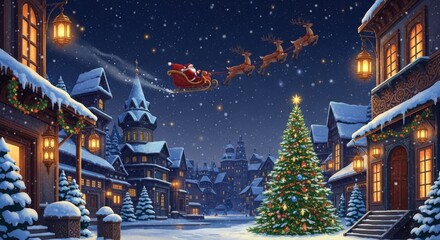 Santa Claus flying in his sleigh over a snowy Christmas village with decorated trees and buildings under a starry night sky with falling snow