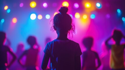 Young Girl Watching Colorful Stage Lights in Vibrant Atmosphere