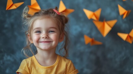 Happy Girl with Paper Butterflies in a Bright and Playful Setting