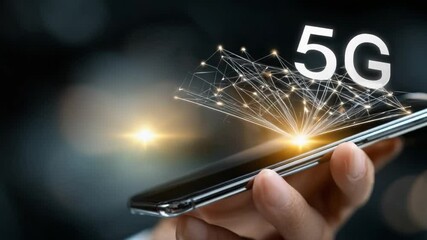 5G Technology: A hand holding a smartphone, the image illustrates 5G technology with its interconnected data streams and a modern and technologically advanced concept. - Powered by Adobe