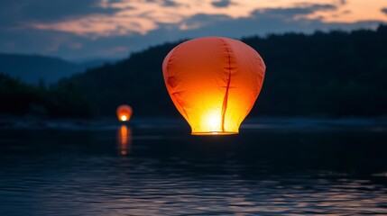 Tranquil Evening Scene with Floating Lanterns Above Calm Water
