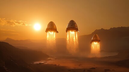 Three Spacecraft Ascending Against a Sunset in an Alien Landscape