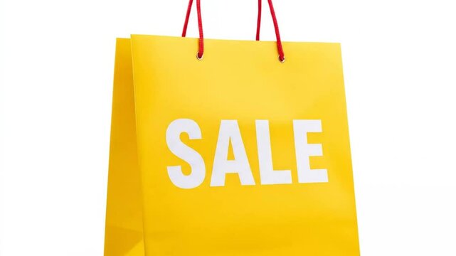 A bright yellow shopping bag with red handles displays the word "SALE" in white letters.