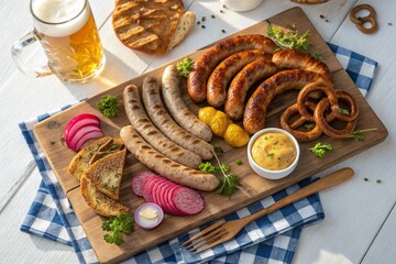 Top-Down View of a Festive Sausage Platter with Beer and Pretzels