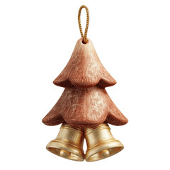 Rustic Wooden Christmas Tree Ornament with Golden Bells - 3D Render on Green Screen