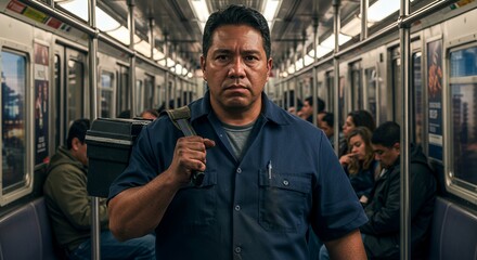 A pensive worker carries his toolbox on a crowded car, his serious expression reflecting the weight of his daily commute.