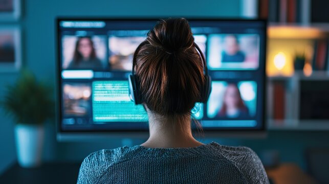 rear view of a woman watching tv