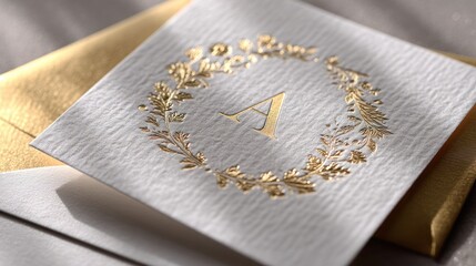 Embossed gold foil detail with blank monogram area on handmade textured paper, natural light, elegant branding mockup