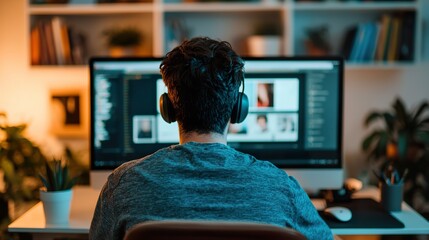 Young professional using AI writing tool on a desktop computer, large monitor showing content being generated in real-time,