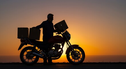 Silhouette of a delivery person on a motorcycle at sunset, carrying packages.