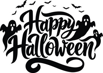Happy Halloween Typography with Bats on transparent background .