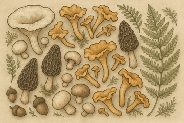 Botanical Illustration of Assorted Wild Mushrooms and Ferns