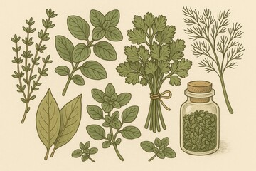 Culinary Herbs Illustration: Thyme, Oregano, Parsley and Dill