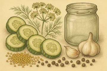 Pickled Cucumber Preparation: Artistic Still Life Illustration