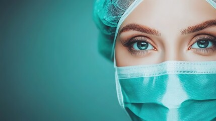 Close-up of Beautiful Woman’s Eyes with Surgical Mask and Cap