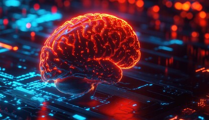 Human brain on a circuit board, glowing with digital energy