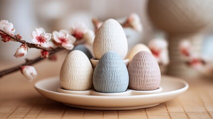 Textured Easter eggs arranged with blossoming branches on wood table with blurry pottery