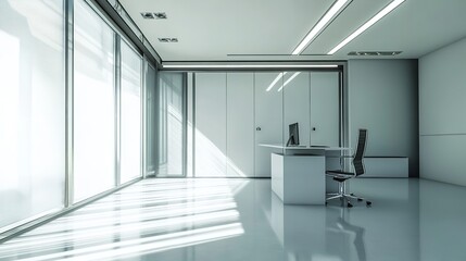 Modern office interior design with desk chair and large windows for business and corporate workspace