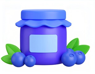 3D blueberry jam in jar with berries beside, cute glossy 3D style