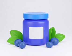 3D blueberry jam in jar with berries beside, cute glossy 3D style