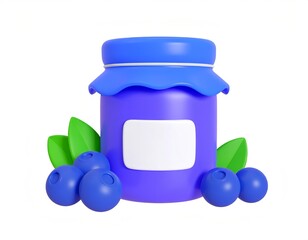 3D blueberry jam in jar with berries beside, cute glossy 3D style